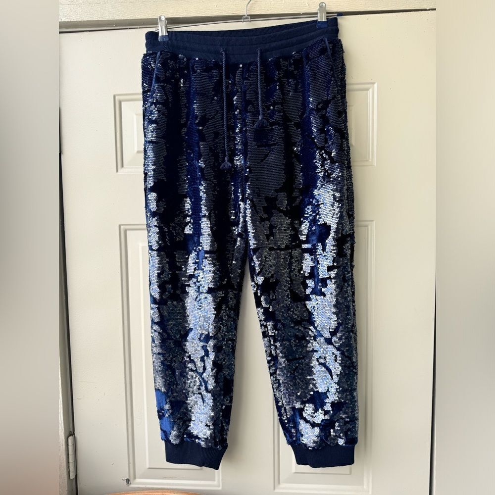 Anthropologie ett:twa Sequin Velvet Joggers Holiday Sparkle navy blue Medium M - Picture 5 of 16